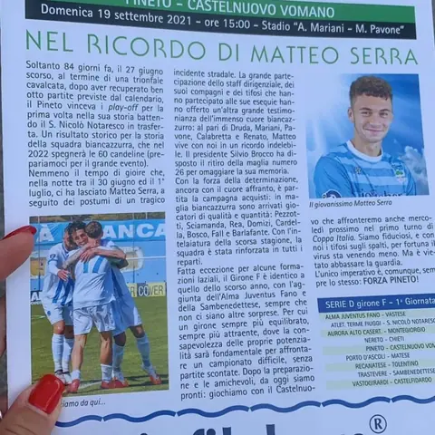 Programma partita del Pineto Calcio con l’articolo Nel ricordo di Matteo Serra